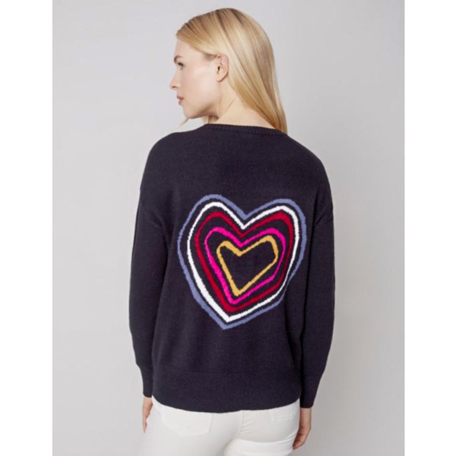 Charlie B Crewneck Jacquard Heart Sweater (Black) Sweaters at