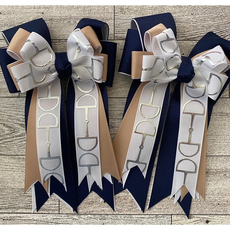 Navy & Red - Horse Show Hair Ribbons for Girls (Modern Snaffle-Bit Style)