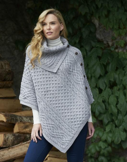 Aran Craft Cowl Neck Poncho (Soft Grey) Clothing Capes Shawls at Irish ...