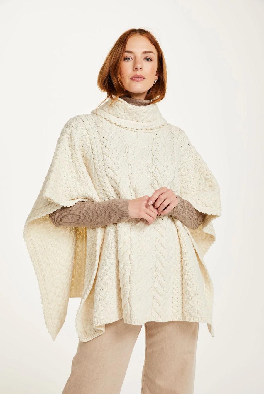 Aran Woollen Mills Wool Cowl Neck Poncho (White) Clothing Capes Shawls ...