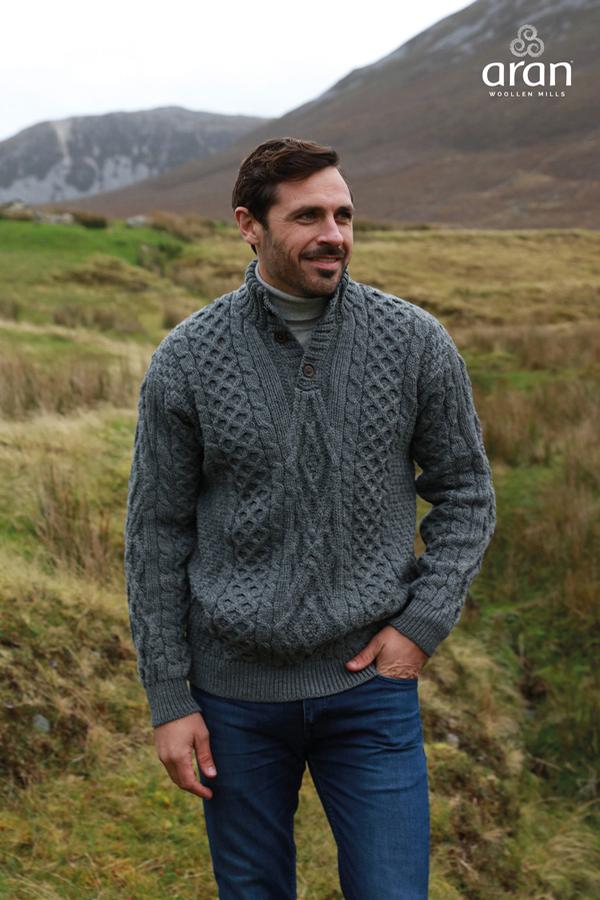 Aran Woollen Mills Woollen Grey Irish Button Down Aran Sweater Clothing ...