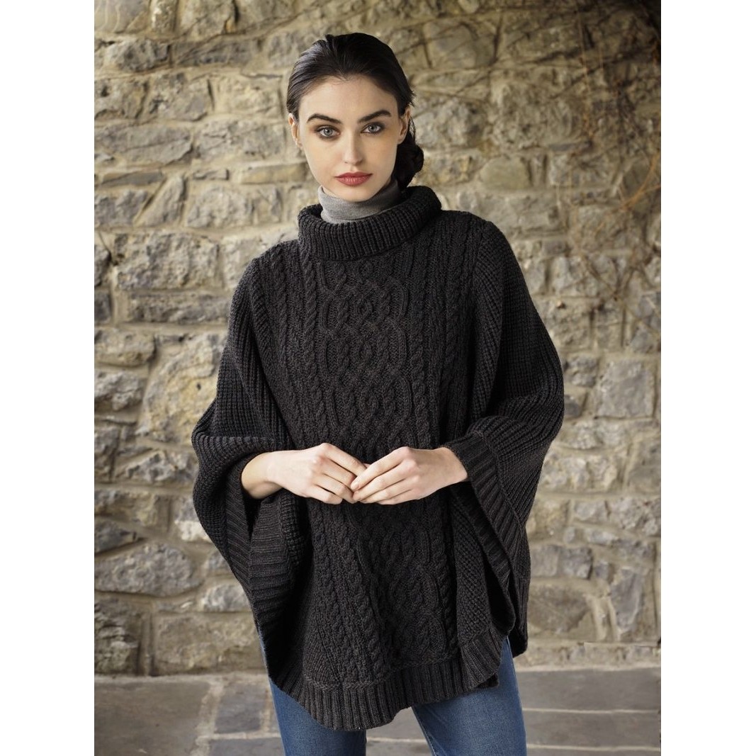 Aran Craft Ribbed Irish Poncho (Charcoal) Clothing Capes Shawls at ...