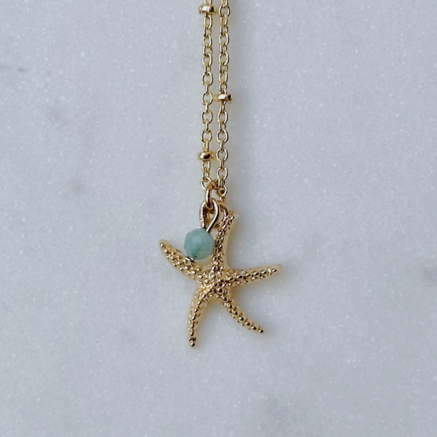 Coastal Beads by Rebecca Dainty Starfish and Aqua Gem Necklace 16 inch