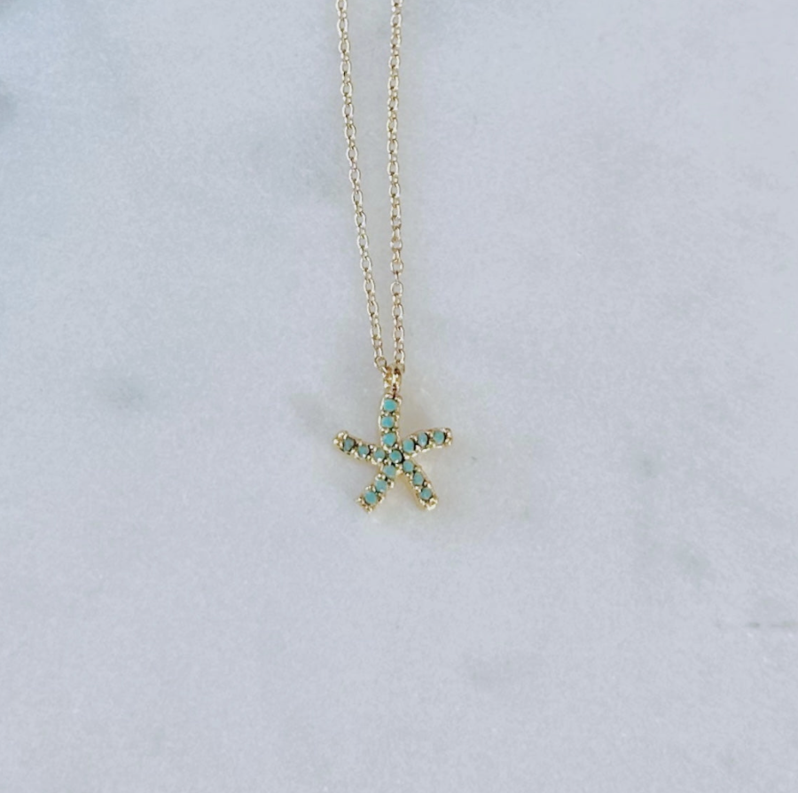 Coastal Beads by Rebecca Dainty Turquoise Gem Paved Gold Starfish Neck